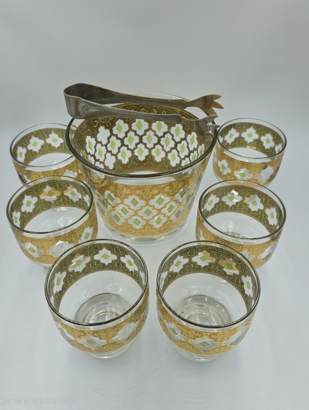 Vintage Mid-Century Culver LTD "Prado" 22K Gold & Green 8-Piece Ice Bucket Set